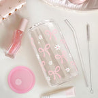 SANDJEST Bow Glass Can, Bows Cup with Lid & Straw, Iced Coffee Aesthetic Cups, Idea Gift for Christmas Birthday Mother Day, Gifts for Women, 16oz