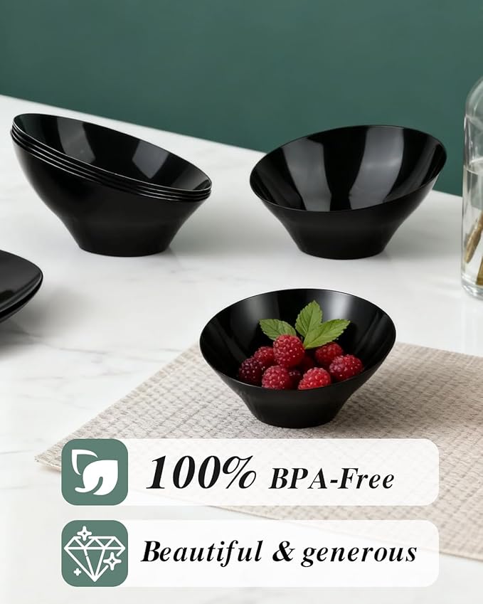 BESTVIP 20oz Black Plastic Serving Bowls for Party - 12 Pack Angled Disposable Serving Bowls, Party Bowls for Chips, Snacks, Fruit, Salad - Catering Bowls for Daily Use, Parties, Christmas