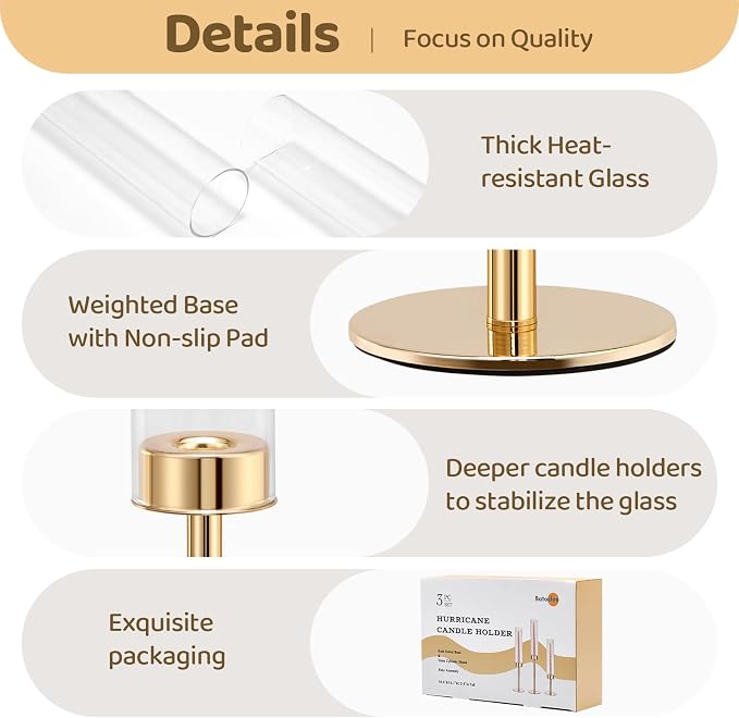 Gold Hurricane Candle Holders Set of 3, Tall Metal & Windproof Glass Taper - Image 5