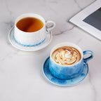 KAMMAK Tea Cups and Saucers set of 2, Porcelain Coffee Cups, 7.5oz Crystalline Glaze Espresso Mugs, Ceramic Demitasse for Coffee, Cappuccino, Latte, Americano, Tea (Dark Blue and White Blue)