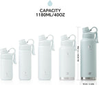 IDEUS Insulated Stainless Steel Water Bottle with 2 Leak-Proof Lids, Thermal Water Flask for Hiking Biking, 40oz, Light Blue