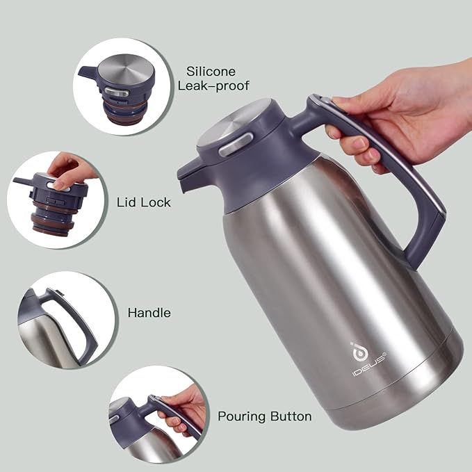IDEUS Thermal Coffee Carafe 68oz (2,000ml), Stainless Steel Double Wall Insulated Vacuum Flask, Water Jug Coffee Server and Beverage Dispenser, Heat and Cold Retention (Metallic, 68oz (2,000ml))