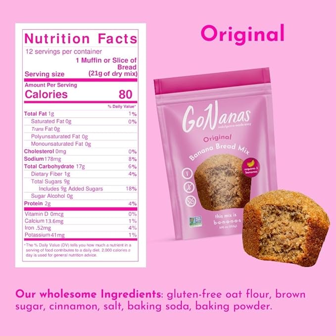 GoNanas Original Oat Flour Banana Bread Mix, Suitable for Plant Based Vegan Diets, Gluten Free Dairy Free Snacks, Healthy Snacks For Adults, Muffin Mix, Nut Free, Cupcakes Dessert, NON-GMO, 1pk
