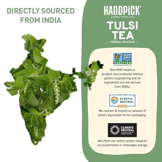 HANDPICK, Holy Basil Tea Bags (100 Count) Caffeine Free, Non-GMO Tulsi Leaves- Tulsi Tea | Round Herbal Tea Bags