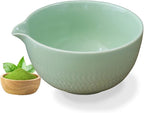 Ceramic Japanese Style Matcha Bowl Whisk Holder Temperature Resistant Braid Textured Matcha Tea Bowl Set With Spout for Trip (Light Green)