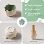 Matcha Set, 8Pcs Floral Ceramic Matcha Set with Matcha Whisk, Holder, Scoop, Scoop Rest, Sifter, Spoon and Tea Towel - Thoughtful Matcha Whisk Set Gift for Matcha Lovers (Beige & Green)
