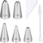5PCS Piping Tips, Stainless Steel Cake Decorating Tips, Suitable for Pastry Fondant Cupcakes, with 50PCS Piping Bags, 1PCS Cleaning Brush