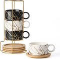 LUKA Porcelain Espresso Cup with Metal Stand, 6 Ounce Stackable Ceramic Demitasse Espresso Mugs Cappuccino Cups Set for Latte,Coffee,Cafe Mocha,Tea(Set of 4)