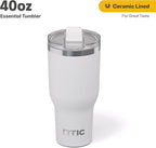 RTIC 40oz Essential Tumbler with Lid, Insulated, Stainless Steel, Metal, Double Wall Vacuum-Insulation, Ceramic Lined, Travel Cup for Iced Coffee, Tea, Hot and Cold Drink, White