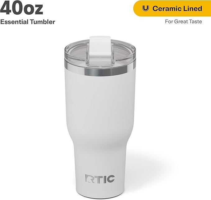 RTIC 40oz Essential Tumbler with Lid, Insulated, Stainless Steel, Metal, Double Wall Vacuum-Insulation, Ceramic Lined, Travel Cup for Iced Coffee, Tea, Hot and Cold Drink, White
