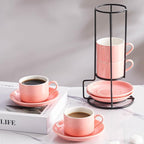 8oz Porcelain Stackable Cappuccino Cups with Saucers and Metal Stand Set of 4, Coffee Cups for Espresso, Specialty Coffee Drinks, Latte, Americano and Tea - Pink