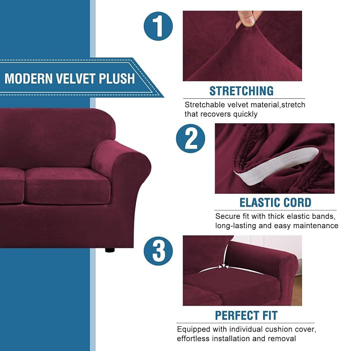 H.VERSAILTEX Real Velvet Plush 3 Piece Stretch Sofa Covers Couch Covers - Image 3
