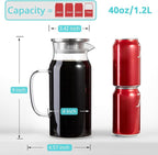 2 Pack 1.2 Liter 40 oz Small Glass Pitcher with Lid and Spout, Glass Carafe Water Pitcher for Hot/Cold Water, Iced Tea, Drinks, Coffee, Juice and Homemade Beverage