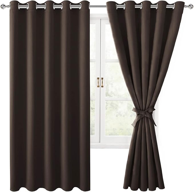 Blackout Curtains for Bedroom, 60 x 63 Inches Length Brown 2 Panels | Thermal by Hiasan