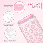 SANDJEST Leopard Glass Bottle, Pink Leopard Print Glass Cup with Lid & Straw, Iced Coffee Aesthetic Glass Can, Gifts for Women, Christmas Birthday Mother's Day