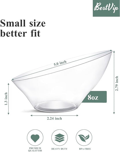 BESTVIP 8oz Clear Plastic Serving Bowls for Party - 12 Pack Angled Disposable Serving Bowls, Party for Chips, Snacks, Fruit, Salad - Bowls for Parties, Daily Use, Catering, Christmas