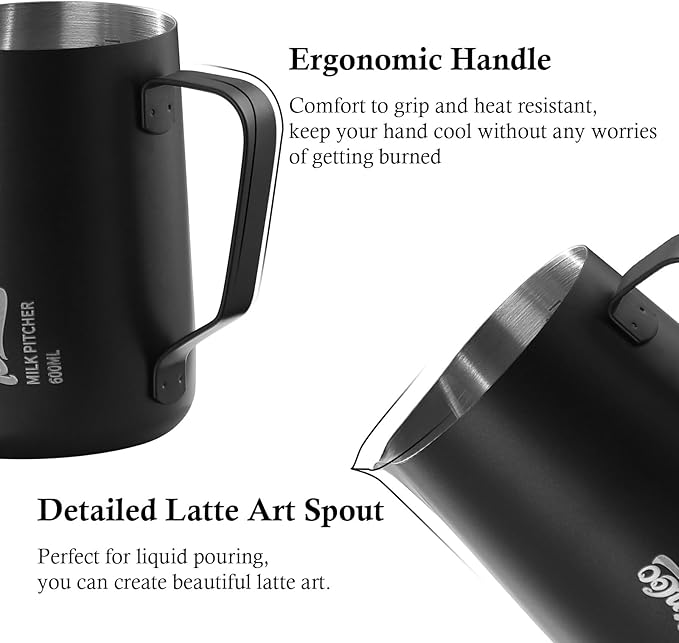 Milk Frothing Pitcher - 350ml/12oz Milk Frother Cup Espresso Steaming Pitcher for Barista, Bincoo SUS304 Stainless Steel Espresso Steaming Pitchers for Latte Art/Cappuccino/Coffee (Black-350ml)