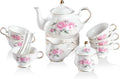 Sweejar Porcelain Tea Sets, Vintage British Floral Relief Gold Rimmed Teapot Cup and Saucer Set, Tea Set Service for 6, with Teapot, Sugar Bowl, Milk Jug, Spoons, Tea Cup and Saucer (Pink Flower)