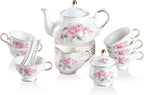 Sweejar Porcelain Tea Sets, Vintage British Floral Relief Gold Rimmed Teapot Cup and Saucer Set, Tea Set Service for 6, with Teapot, Sugar Bowl, Milk Jug, Spoons, Tea Cup and Saucer (Pink Flower)