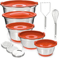 WHYSKO Stainless Steel Mixing Bowls with Lids Set - 5 Rustproof Metal Nesting Mixing Bowls for Kitchen, Meal Prep, Baking, Cooking, Storage - Includes 3 Grater Attachments, Dishwasher Safe