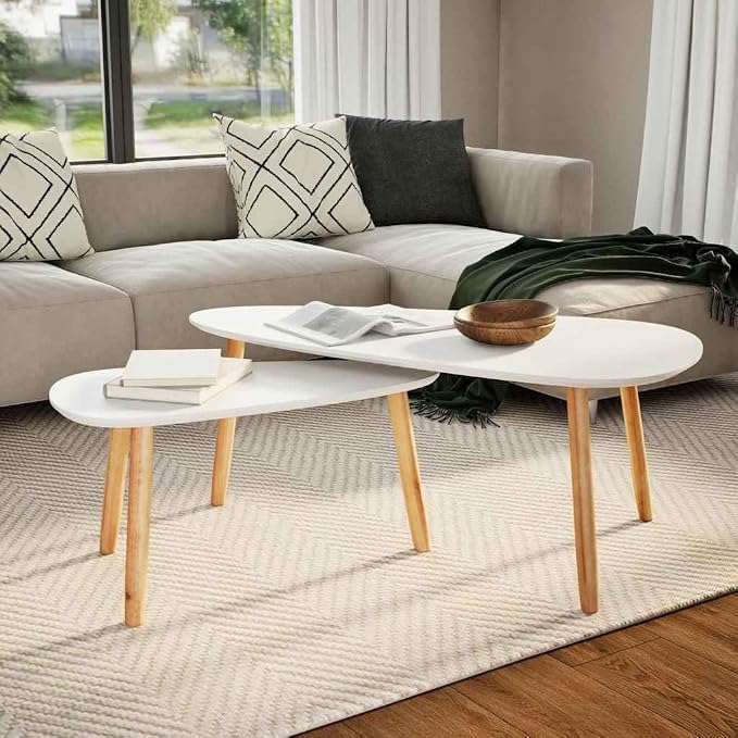 White Solid Pinewood and MDF Coffee Table Set of 2, Scandinavian Style Modern by Unknown