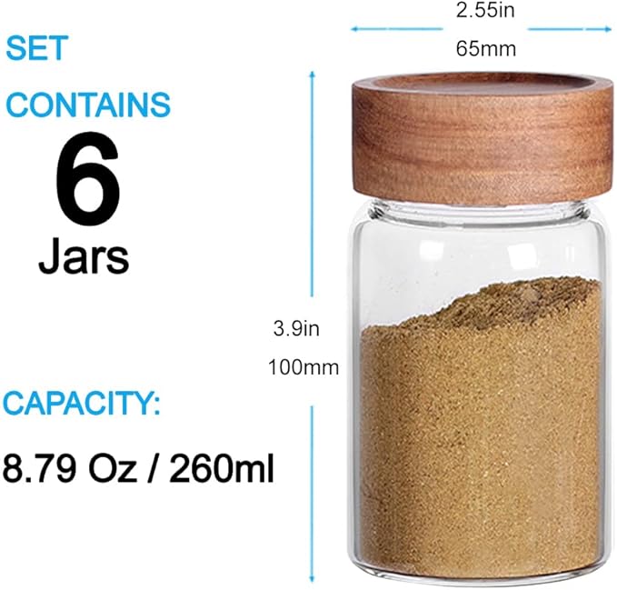 SAIOOL 6 Pcs Small Glass Spice Jars with Label,High Sealing Threaded Mouth,with Black Printed Spice Labels - 8.79oz /260ml*6,Empty Cylinder Spices Bottles,Storage Jars with Airtight Screw Lids