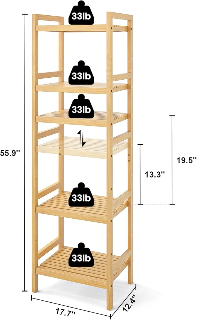 Homykic Bamboo Bookshelf, 5-Tier Narrow 55.9” Adjustable Book Shelf Bookcase - Image 3