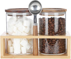 KKC HOME ACCENTS Clear Borosilicate Glass Glass Storage Jars with Airtight Wood Lids,Air Tight Sealed Wooden Top Glass Jars with Spoon for Coffee,Tea,Sugar, 25 OZ (750 ml)