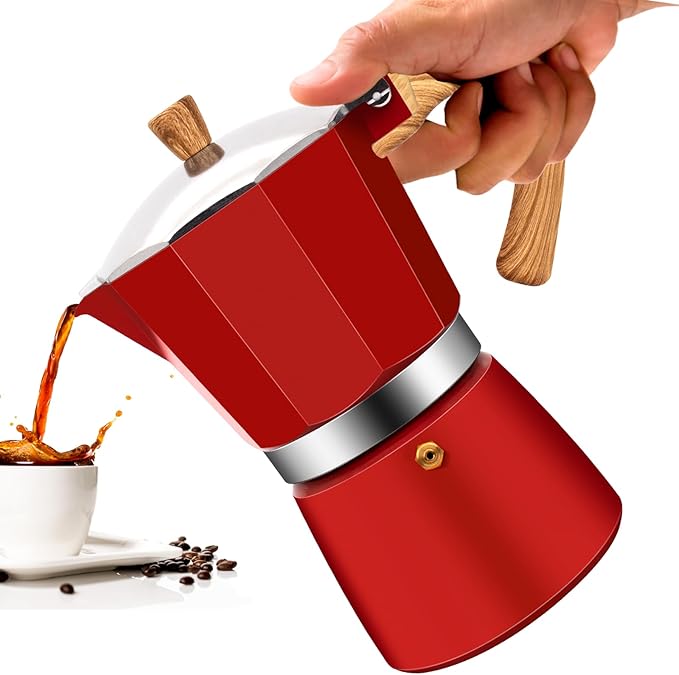3 Cup Aluminum Moka Pot Classic Stovetop Espresso Coffee Maker 150ml 5oz Coffeemaker Percolator Mocha Pot Greca Coffee Maker Cafe Makers for Italian and Cuban Café Brewing Red