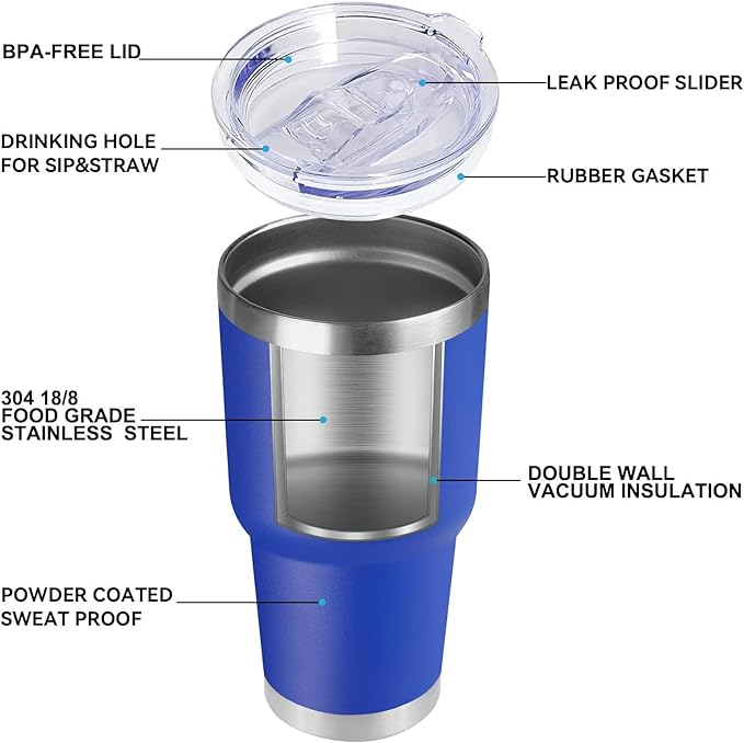 DOMICARE 30oz Tumbler Bulk with Lid and Straw, Double Wall Travel Coffee Mug, Insulated Vacuum Stainless Steel Tumblers, Powder Coated Tumbler Cup (Dark Blue, 8)