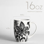 16oz Black and White Boho Floral Mug - Unique Coffee Mugs and Tea Cup, Novelty Ceramic Cups Gifts for Women and Men.