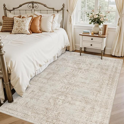 6x9 Area Rugs Living Room: Bedroom Neutral Washable Carpet Brown | Vintage Boho - Image 2