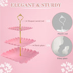 5 Pcs Dessert Table Display Set, Pink Plastic 2 Pcs Square 3 Tier Cupcake Stand Cup Cake Tower Stand with Metal Rod & 3 Pcs Serving Tray for Baby Shower, Tea Party, Wedding, Birthday Party