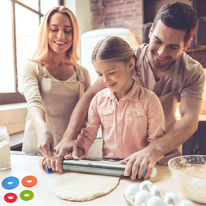 Rolling Pin and Silicone Baking Pastry Mat Set, Stainless Steel Dough Roller, Rolling Pins with Adjustable Thickness Rings, for Baking Fondant, Pizza, Pie, Pastries, Pasta, Cookies
