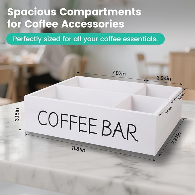 Coffee Bar Organizer – Wooden Coffee Station with 4 Compartments, Removable Dividers, and Condiment Storage for Home & Office