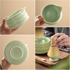 7 Pcs Matcha Set - Ceramic Bowl, Bamboo Whisk with Holder, Sifter, Schima Spoon, Spoon Rest and Tea Towel, Complete Kit for Traditional Matcha and Modern Lattes (Green)