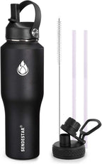SENDESTAR Water Bottle 32oz,2 Lids(Straw lid),Wide Mouth Stainless Steel Vacuum Insulated Double Wall Keep Liquids Cold or Hot All Day,Sweat Proof Sport Design,Fit Car Cup Holder(Black)