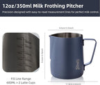 Milk Frothing Pitcher - 350ml/12oz Milk Frother Cup Espresso Steaming Pitcher for Barista, Bincoo SUS304 Stainless Steel Espresso Steaming Pitchers for Latte Art/Cappuccino/Coffee (Dark-Blue-350ml)
