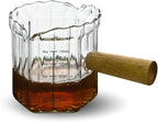 Glass Measuring Cup, 5oz Espresso Shot Glass with Wood Handle, Double Spouts Measuring Triple Pitcher Milk Cup for Coffee Tea (Transparent Ribbed)