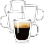 OJA Double Walled Glass Coffee Mugs 12.5oz Hand Blown Clear Coffee Cups Set of 4, Heat Resistant for Cappuccino, Tea, Latte, Espresso, Americano Insulated Borosilicate Glass with Handle