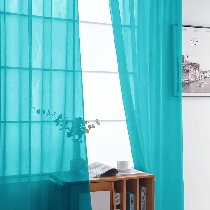 SpaceDresser Basic Rod Pocket Sheer Voile Window Curtain Panels Peacock Blue 1 - Image 3