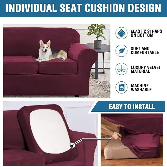 H.VERSAILTEX High Stretch Sofa Slipcover 4 Piece Cover Velvet Furniture - Image 6