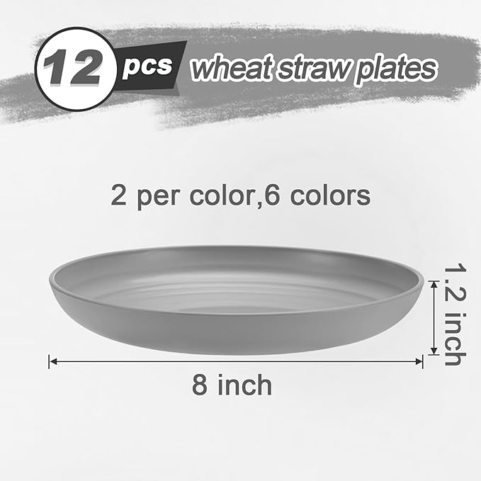 12 Pcs Unbreakable Deep Dessert Plates Set, 8 inch Reusable Plastic Wheat Straw Plates, Microwave and Dishwasher Safe Plate for Kitchen, Lightweight Plate for Dessert, BPA Free, 6 Colors