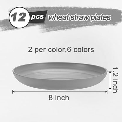 12 Pcs Unbreakable Deep Dessert Plates Set, 8 inch Reusable Plastic Wheat Straw Plates, Microwave and Dishwasher Safe Plate for Kitchen, Lightweight Plate for Dessert, BPA Free, 6 Colors