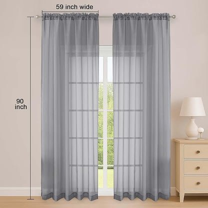 Grey Sheer Curtain 90 Inches Long 2 Panels Set, Solid Filmy Drapes - Image 2