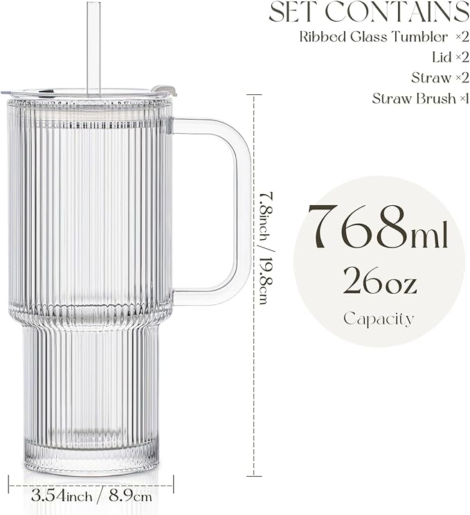 KEMORELA 2-Pack 26oz Ribbed Glass Tumblers with Handle & Lid – Large Iced Coffee Cups with Straws, Aesthetic Glass Mugs for Cold & Hot Drinks, Reusable Smoothie & Tea Cups (2PCS Ribbed Tumblers)