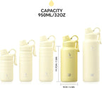 IDEUS Insulated Stainless Steel Water Bottle with 2 Leak-Proof Lids, Thermal Water Flask for Hiking Biking, 32oz, Light Yellow