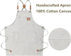AFUN Chef Aprons for Men Women with Large Pockets, Cotton Canvas Cross Back Heavy Duty Adjustable Work Apron, Size M to XXL (Beige)
