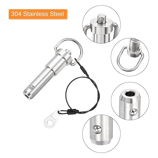 uxcell 1 Pcs Quick Release Pin, 1/2" x 1"(Dia. x L) Push-Button Ball Locking Pin 304 Stainless Steel Ring Handle Locking Pin with Wire for Audio Bimini Top Marine, Silver