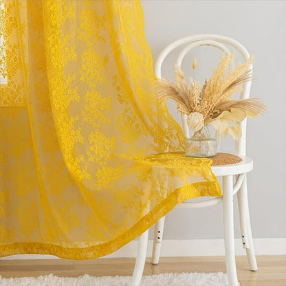 YJ YANJUN Vintage Lace Curtains 63 Inch Length-Victorian Floral Pattern Mustard - Image 4